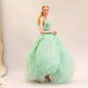 Pretty Mint Green Tulle Beaded Prom Gown