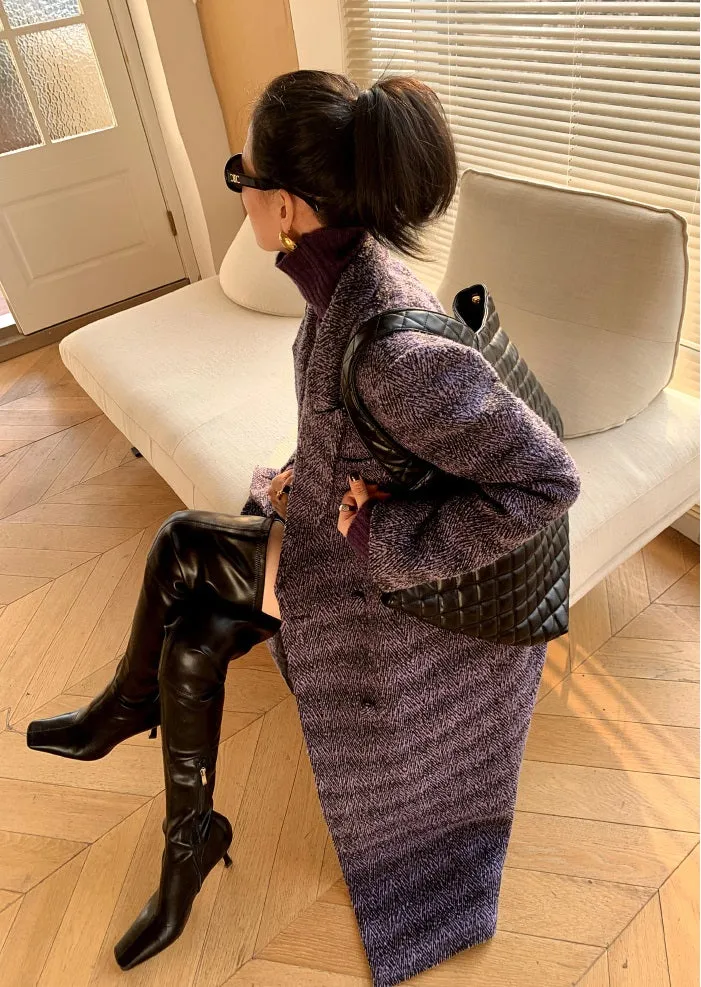 Purple WANXO coffee color herringbone quilted woolen coat new mid-length suit woolen coat- Passion