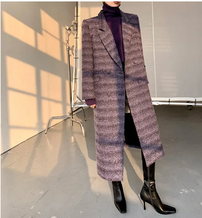 Purple WANXO coffee color herringbone quilted woolen coat new mid-length suit woolen coat- Passion