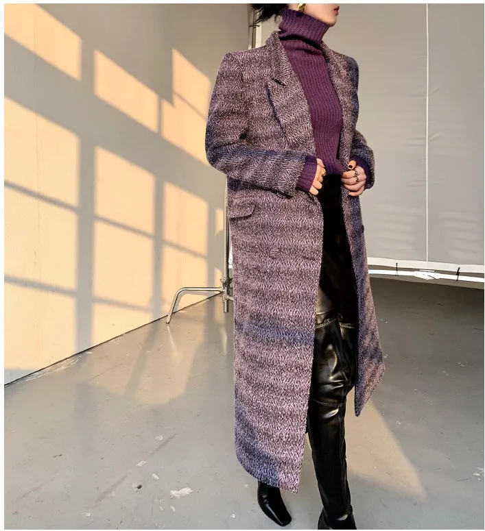 Purple WANXO coffee color herringbone quilted woolen coat new mid-length suit woolen coat- Passion