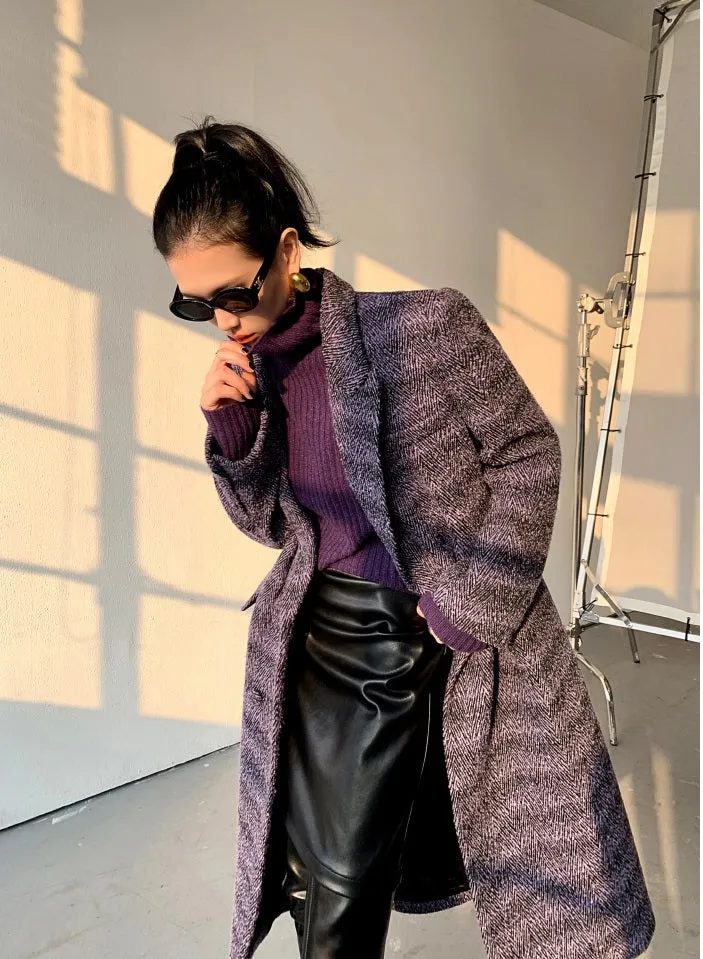 Purple WANXO coffee color herringbone quilted woolen coat new mid-length suit woolen coat- Passion