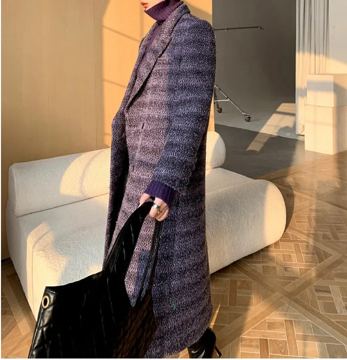 Purple WANXO coffee color herringbone quilted woolen coat new mid-length suit woolen coat- Passion