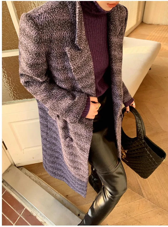 Purple WANXO coffee color herringbone quilted woolen coat new mid-length suit woolen coat- Passion