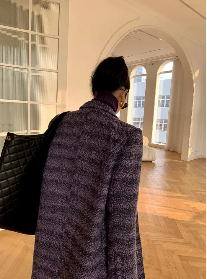 Purple WANXO coffee color herringbone quilted woolen coat new mid-length suit woolen coat- Passion