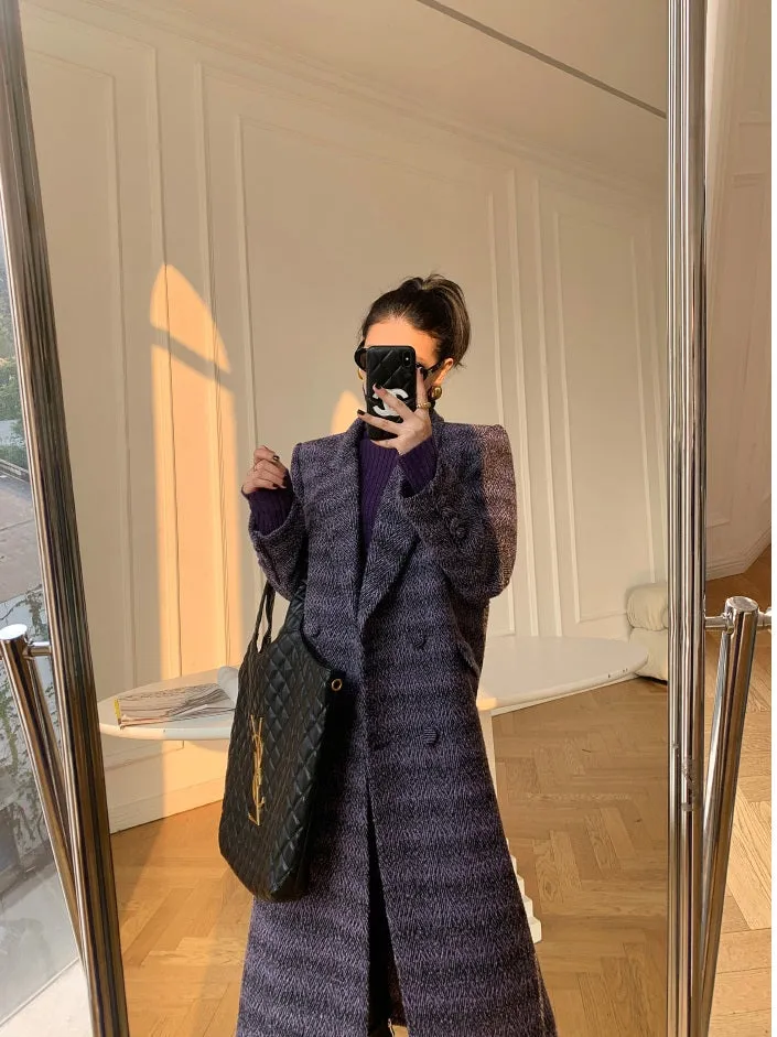 Purple WANXO coffee color herringbone quilted woolen coat new mid-length suit woolen coat- Passion