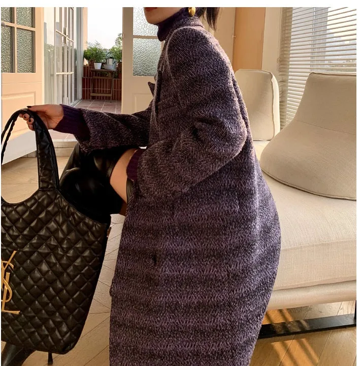 Purple WANXO coffee color herringbone quilted woolen coat new mid-length suit woolen coat- Passion