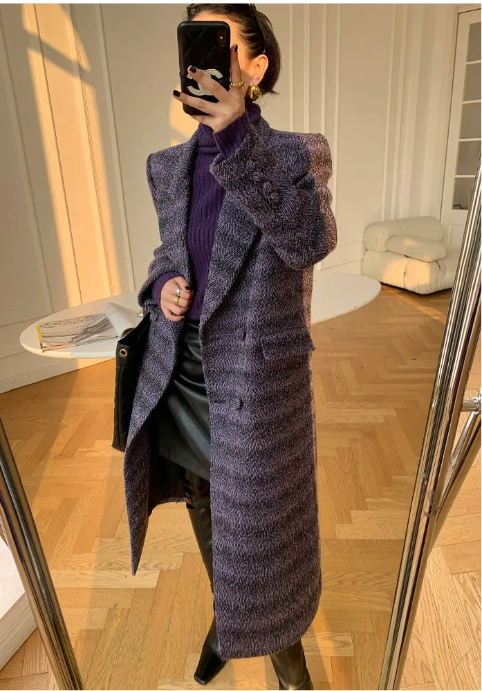 Purple WANXO coffee color herringbone quilted woolen coat new mid-length suit woolen coat- Passion