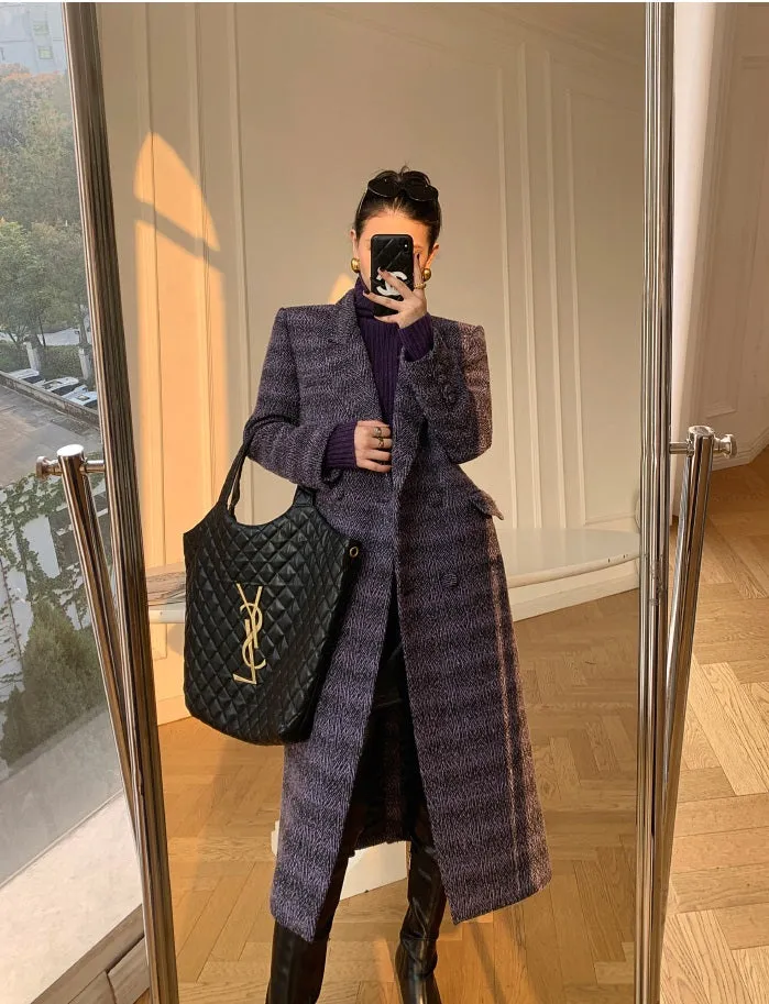 Purple WANXO coffee color herringbone quilted woolen coat new mid-length suit woolen coat- Passion