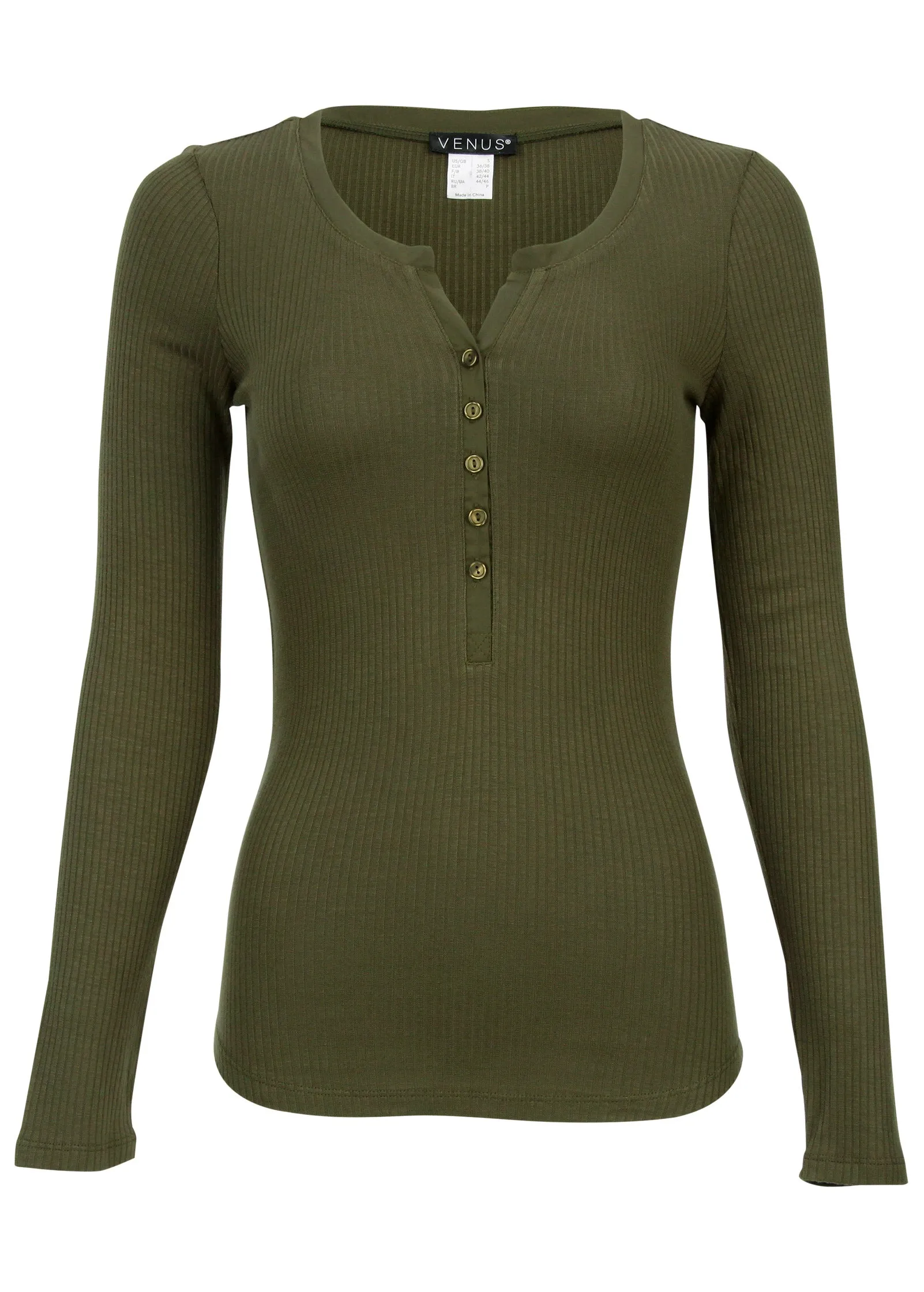 Ribbed Henley Top - Olive