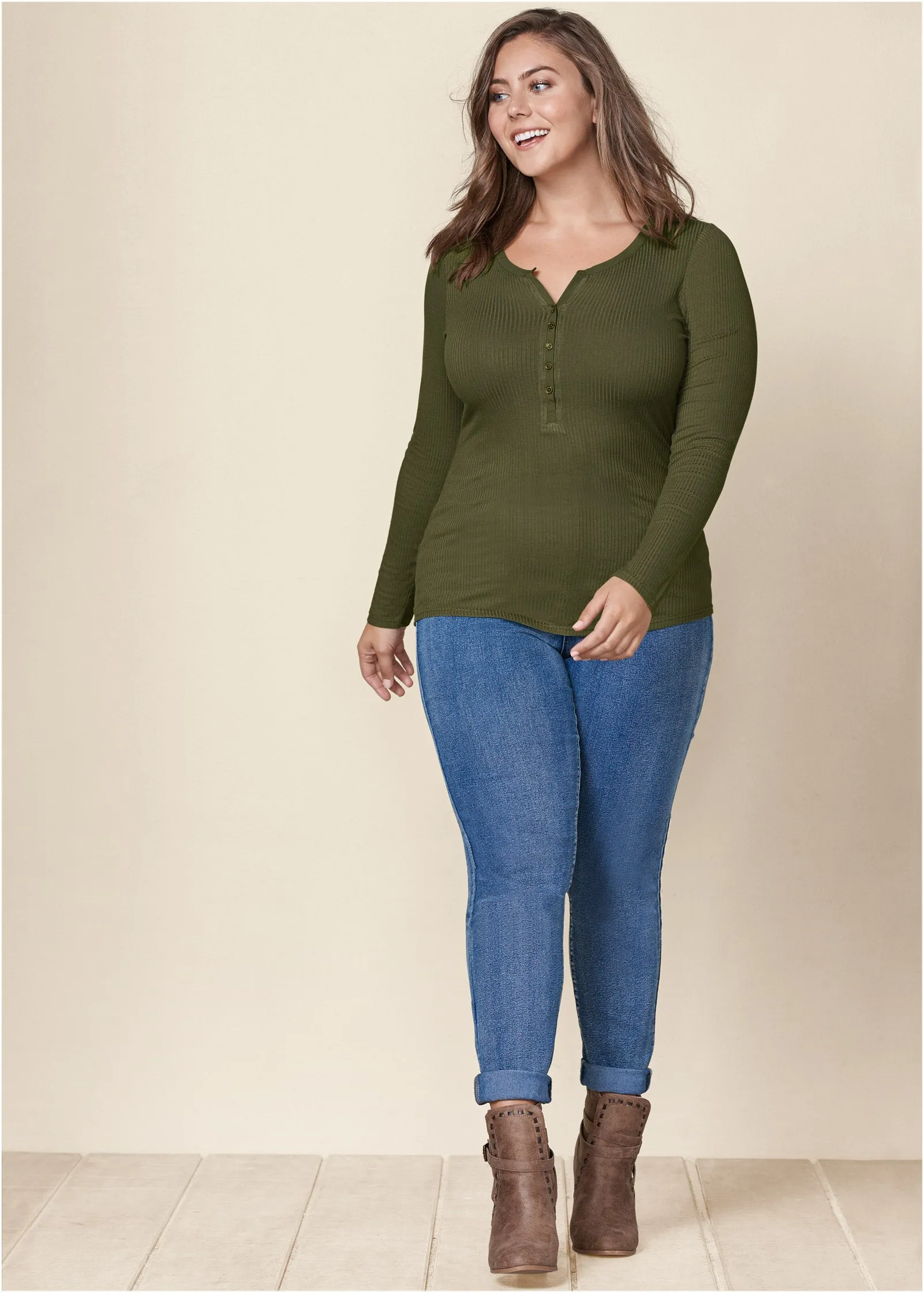 Ribbed Henley Top - Olive