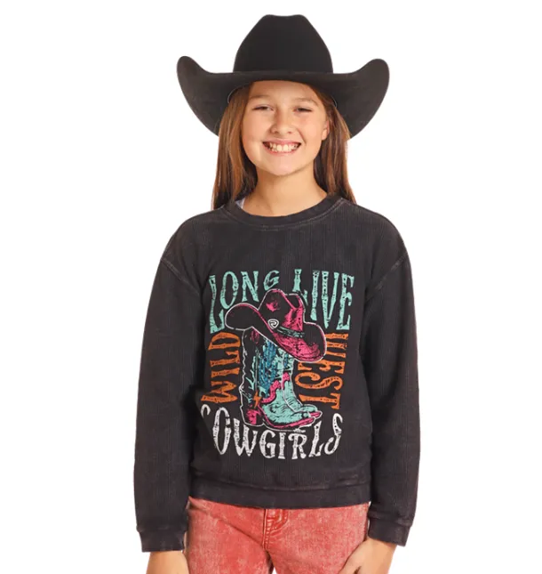 Rock & Roll Cowgirl Girl's Black Long Live Cowgirls Ribbed Sweatshirt BG91T04987