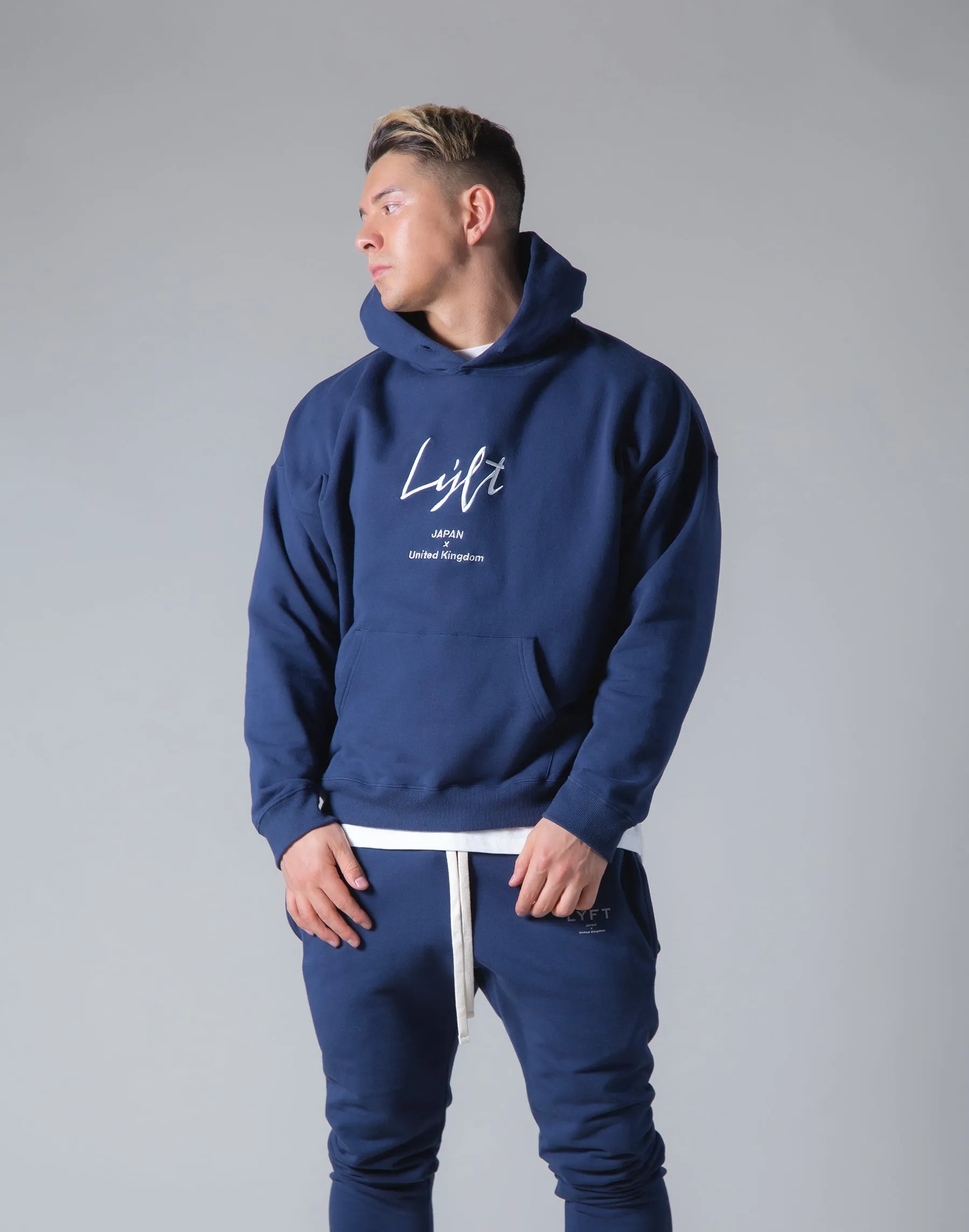 Script Logo 2Way Stretch Warm Pullover Hoodie - Navy