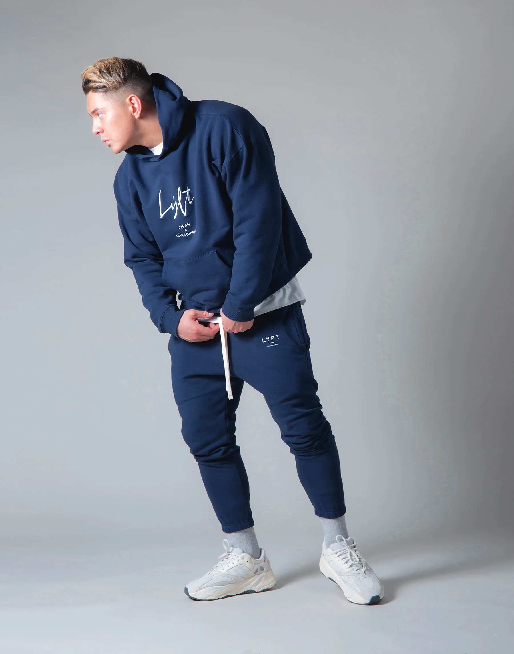 Script Logo 2Way Stretch Warm Pullover Hoodie - Navy