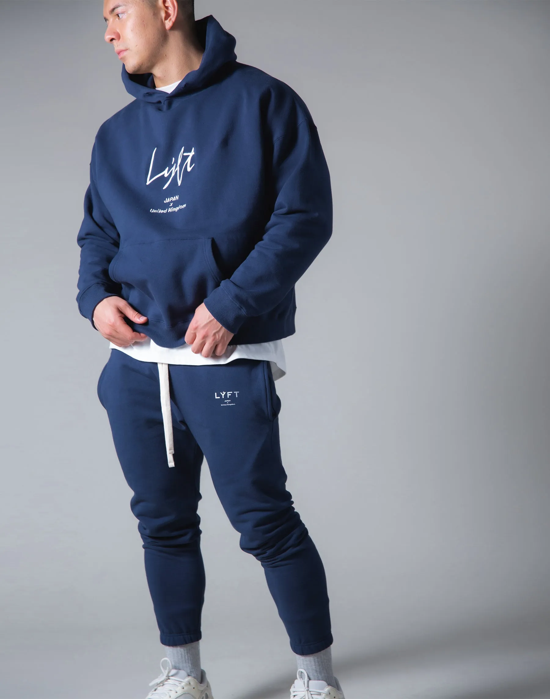 Script Logo 2Way Stretch Warm Pullover Hoodie - Navy