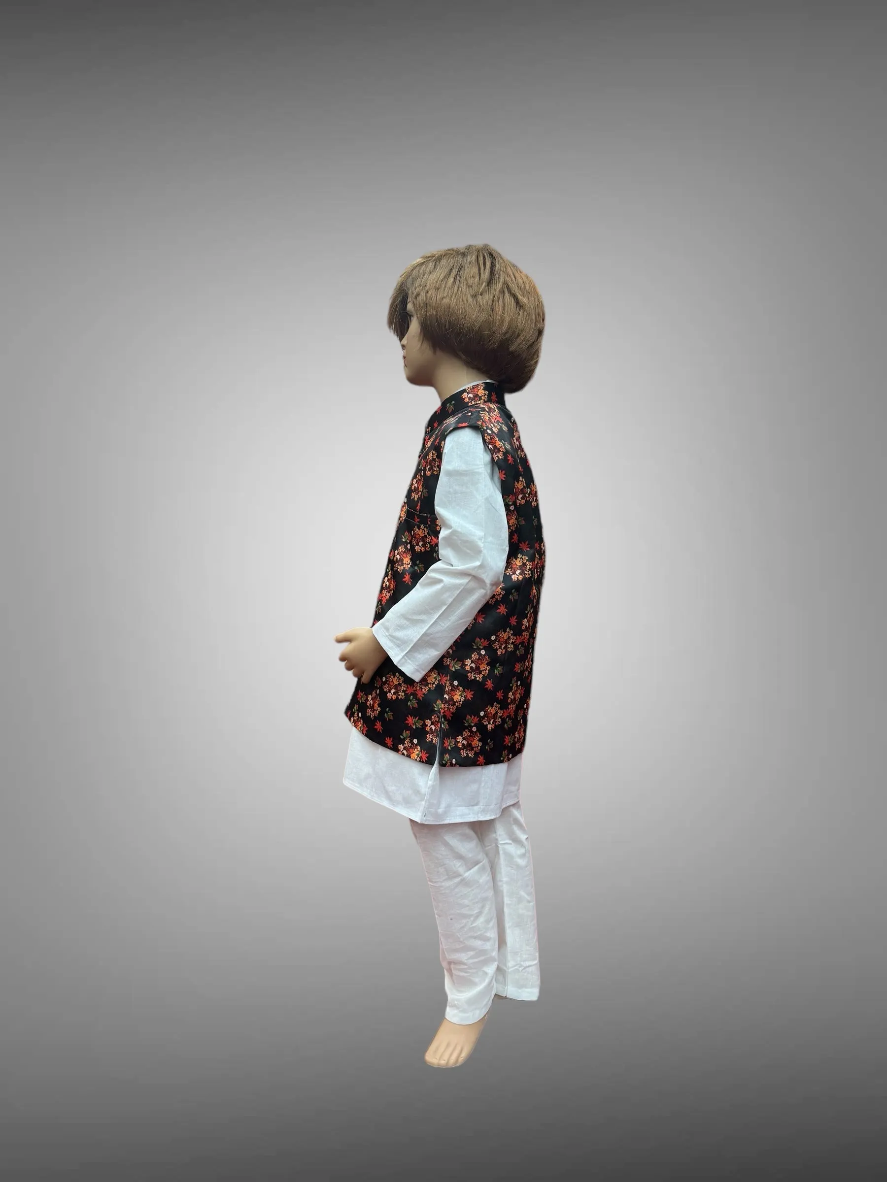 Silk Black Floral Printed Kids Vest