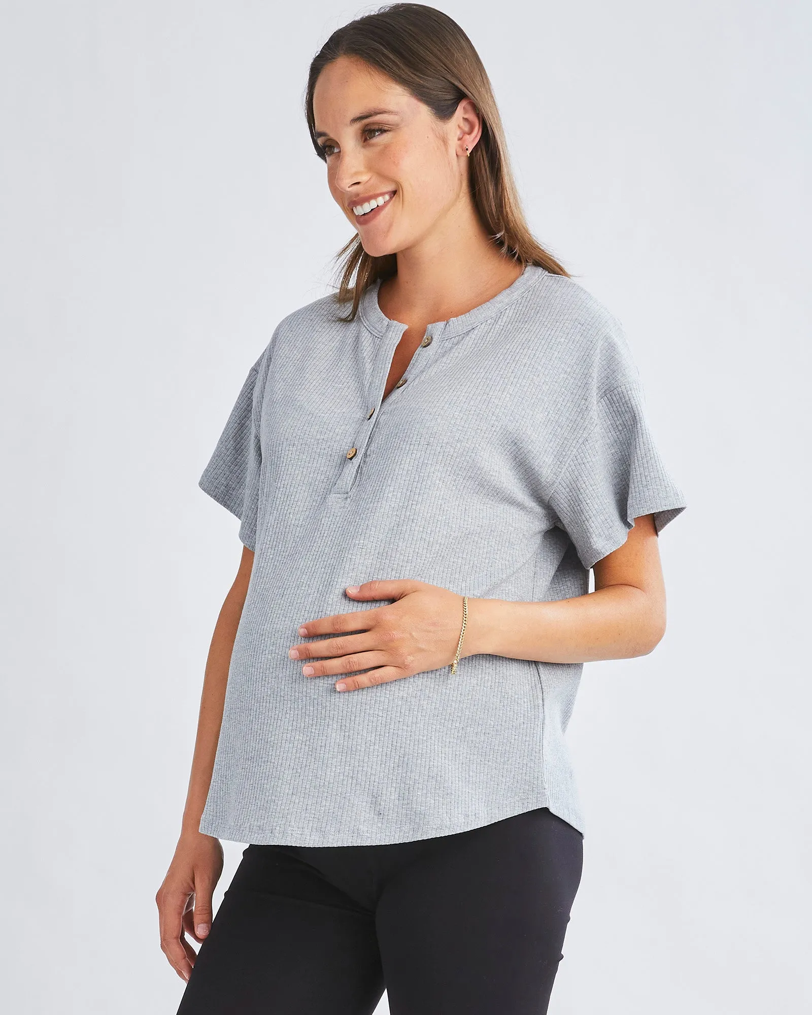 Simple Classic Ribbed Button Short Sleeve Top In Flower Grey