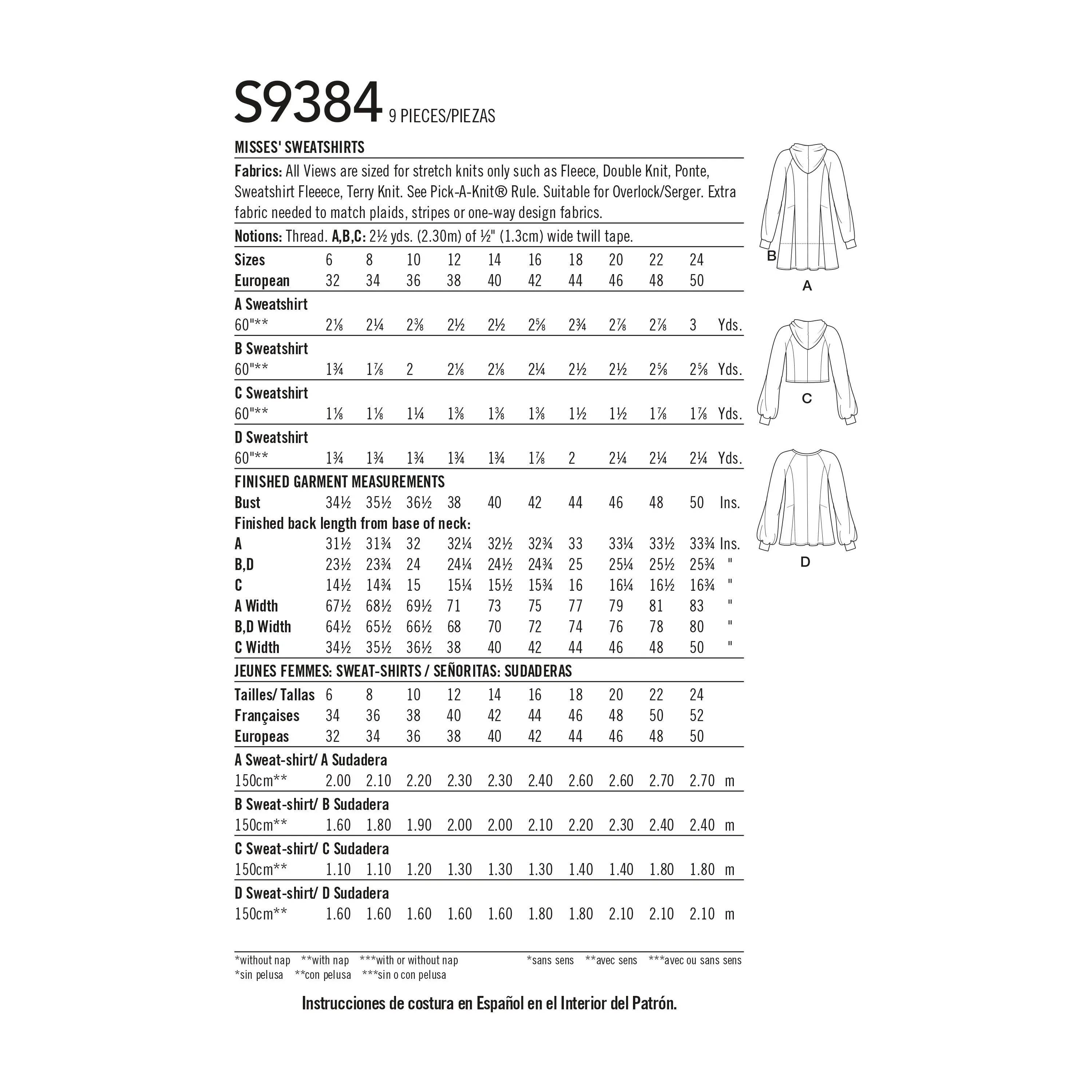 Simplicity Sewing Pattern S9384 Misses' Sweatshirts