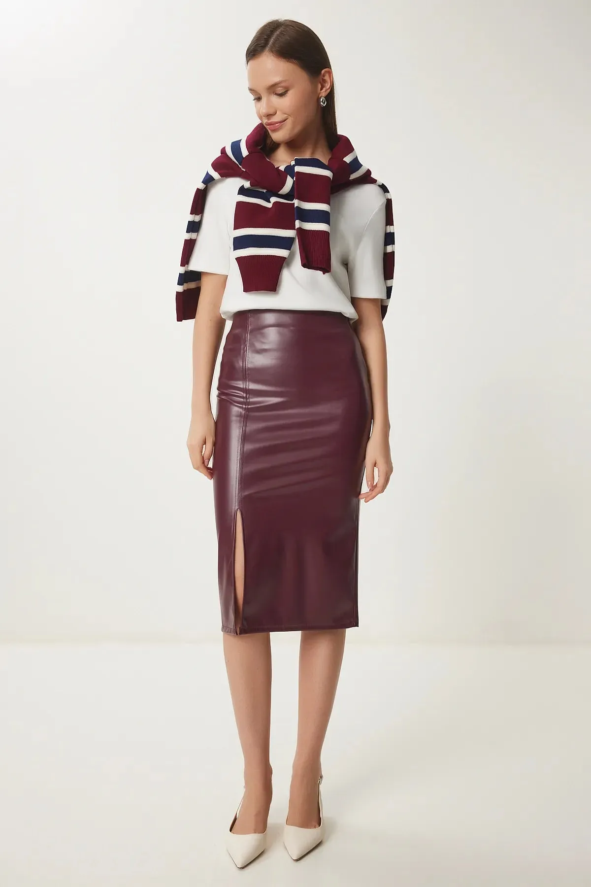 Slit Faux Leather Pencil Skirt Claret red