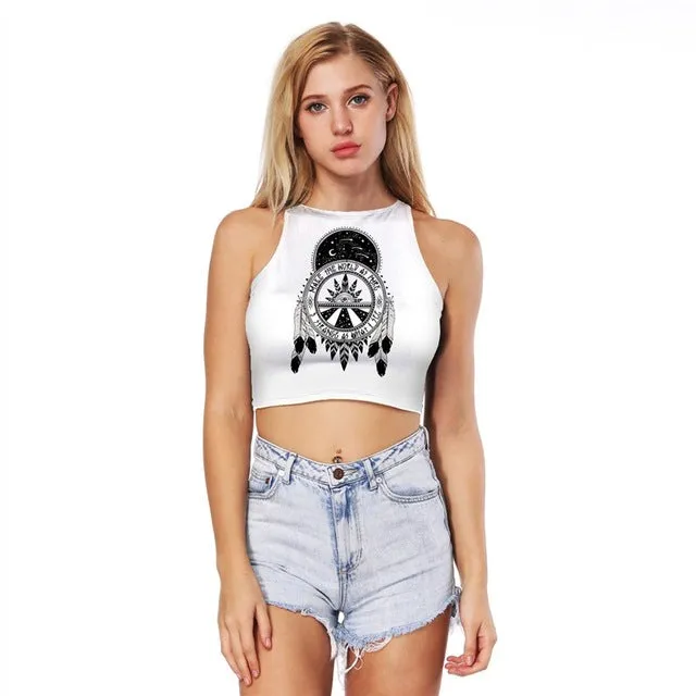 Sun Flower Printed Crop Top Sleeveless Shirt