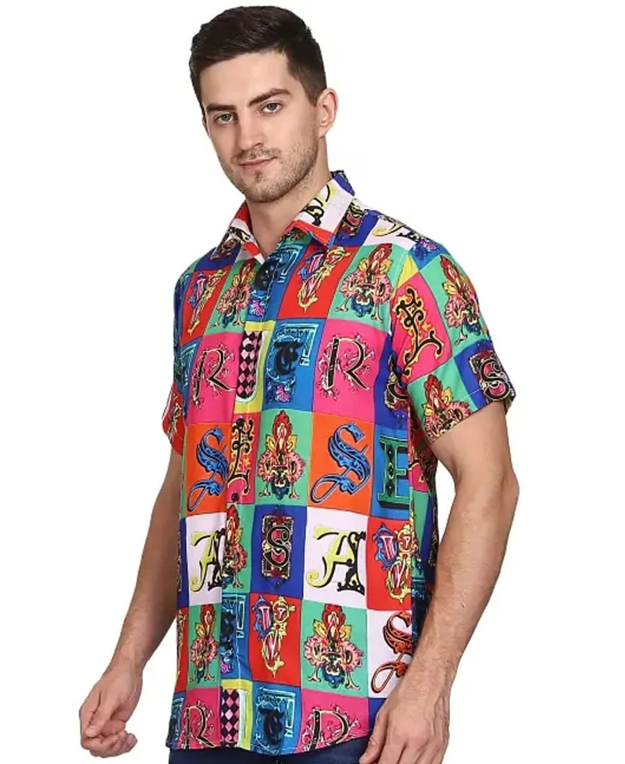 SXV Men's Cotton Rayon Digital Printed Half Sleeves Shirt (Alphabets)(lowest price-non returnable)