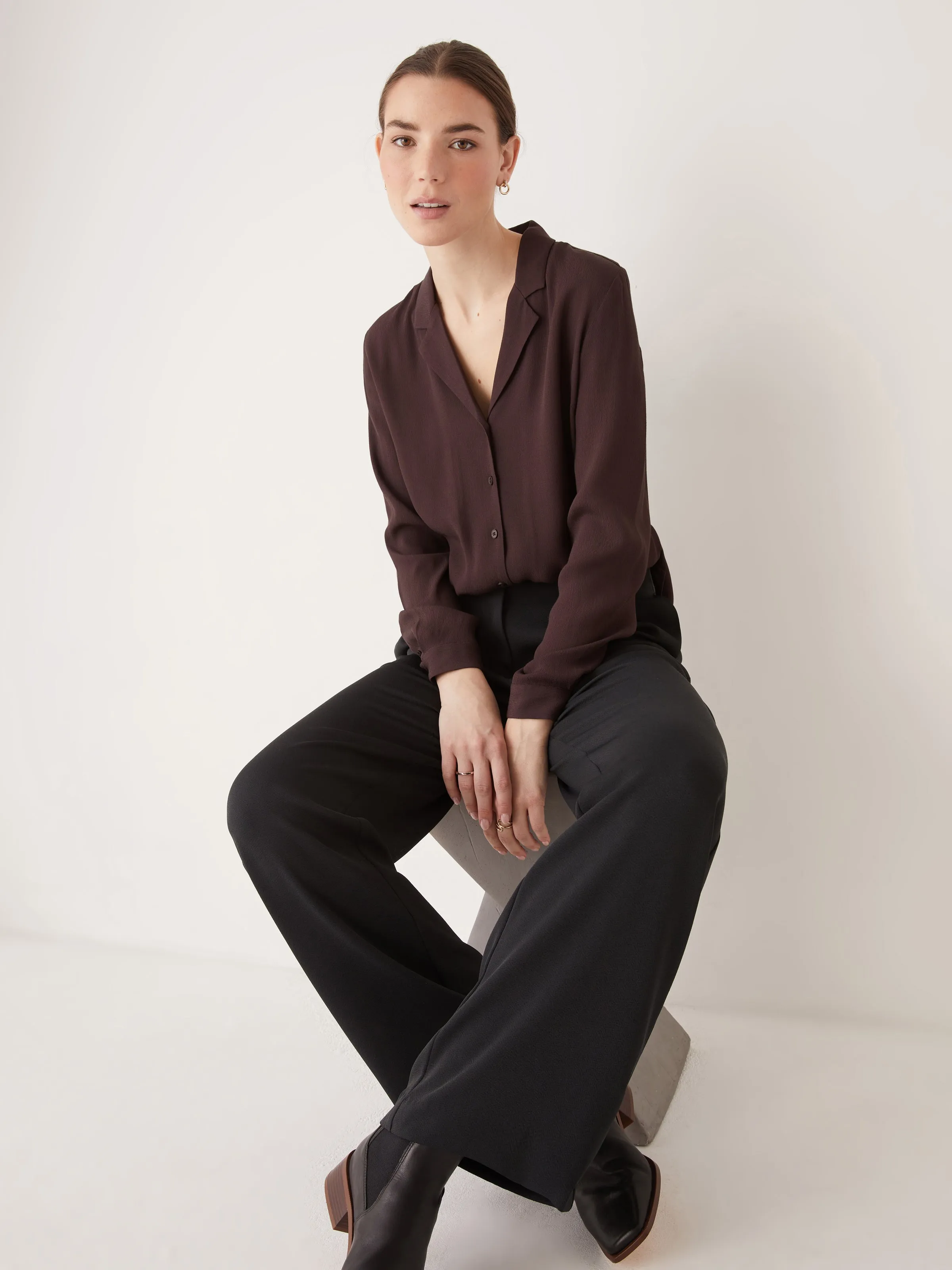 The Long Sleeve Camp Collar Blouse in Chocolate