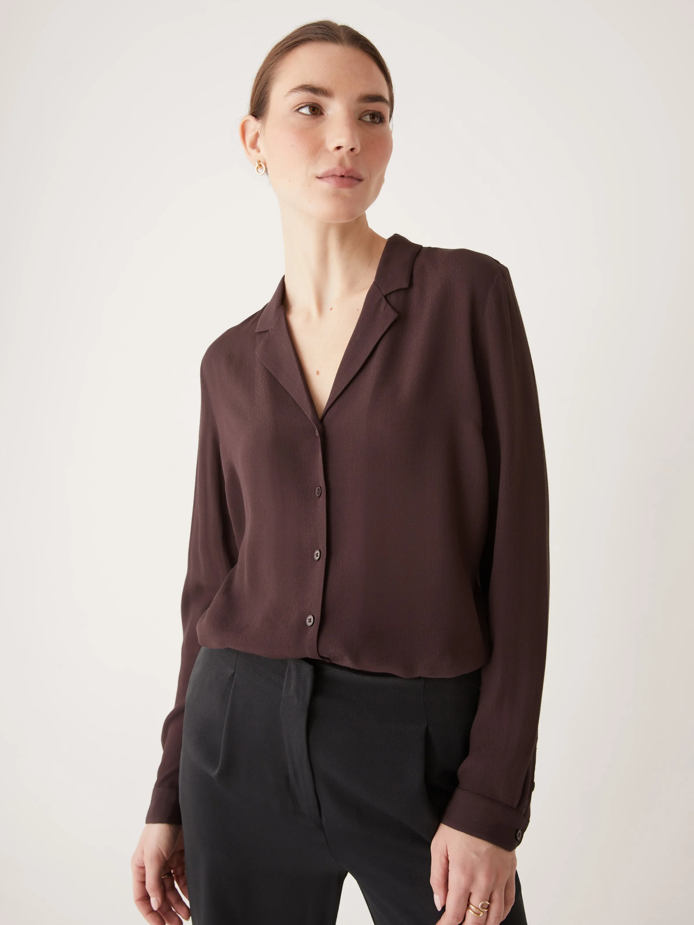 The Long Sleeve Camp Collar Blouse in Chocolate