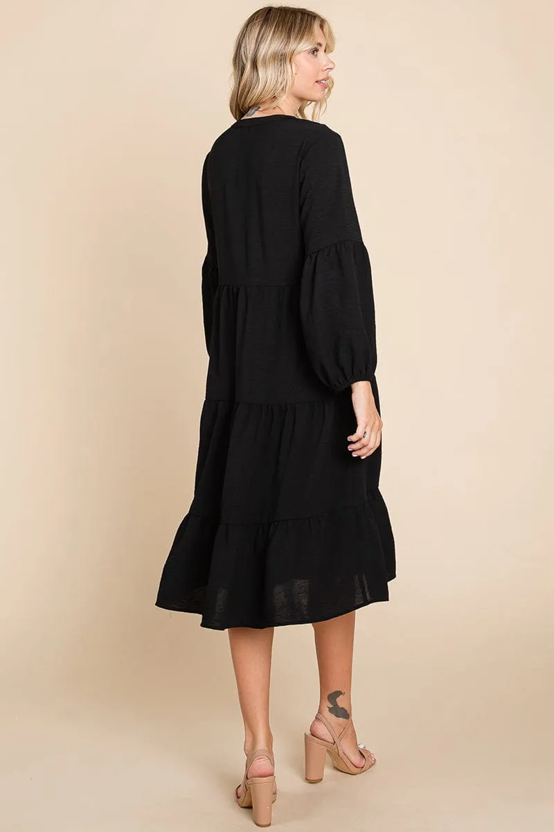 Tiered V Neck Long Sleeve Ruffle Hem Midi Dress