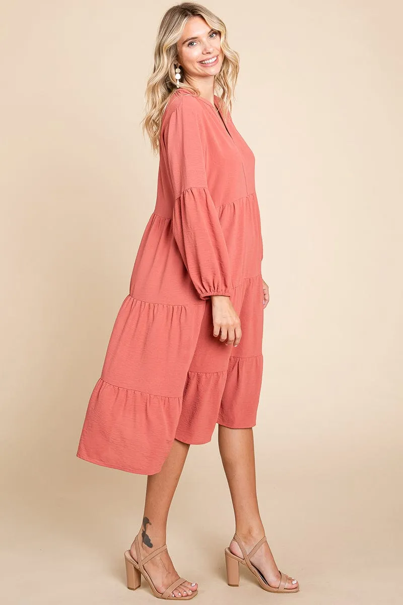 Tiered V Neck Long Sleeve Ruffle Hem Midi Dress