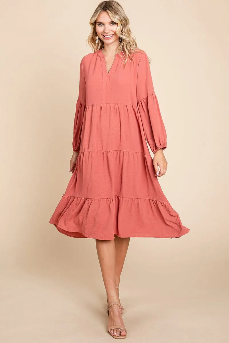 Tiered V Neck Long Sleeve Ruffle Hem Midi Dress