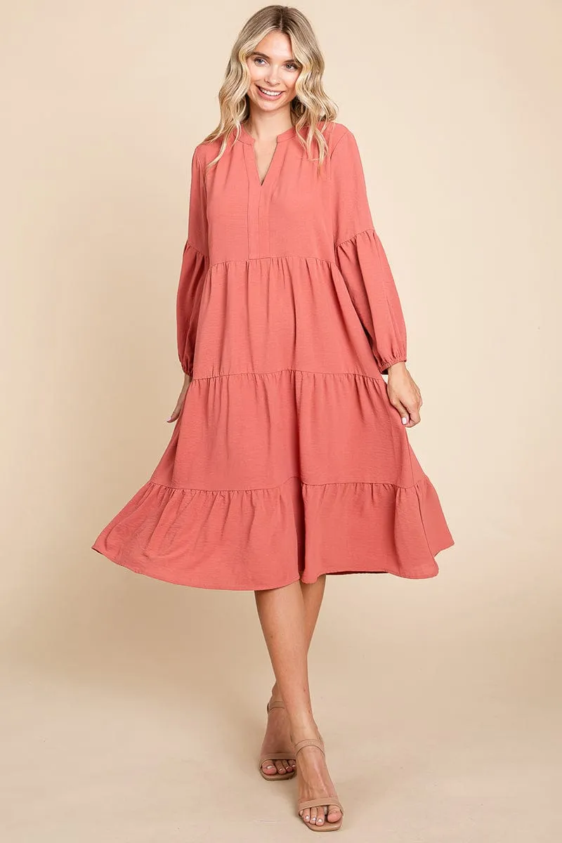 Tiered V Neck Long Sleeve Ruffle Hem Midi Dress