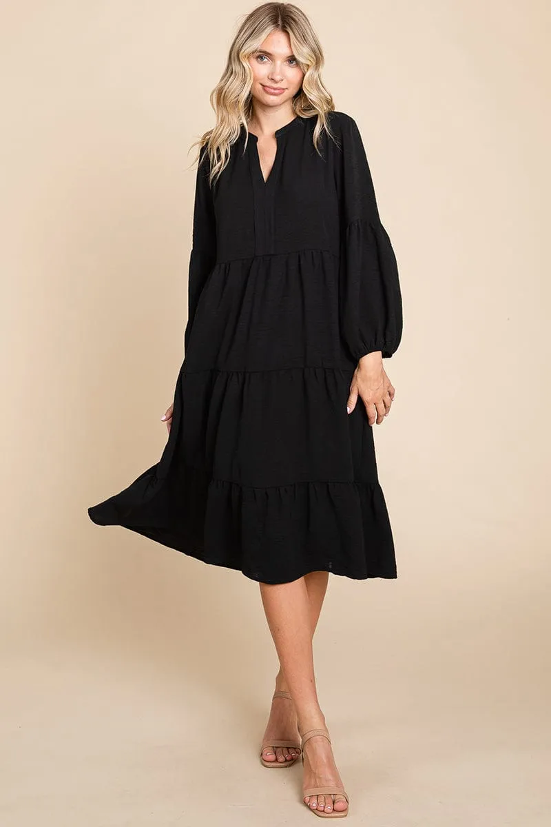 Tiered V Neck Long Sleeve Ruffle Hem Midi Dress