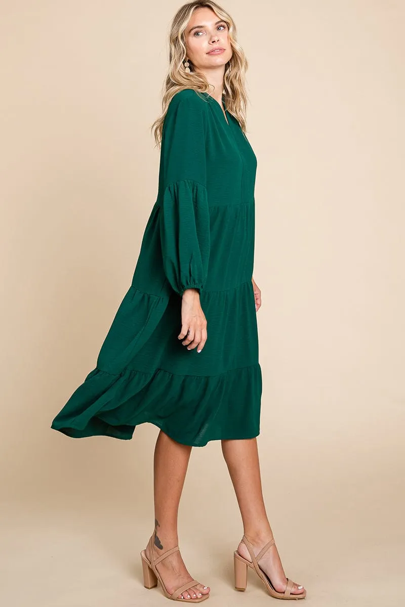 Tiered V Neck Long Sleeve Ruffle Hem Midi Dress