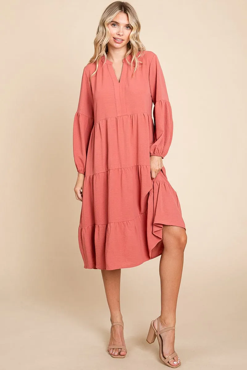 Tiered V Neck Long Sleeve Ruffle Hem Midi Dress