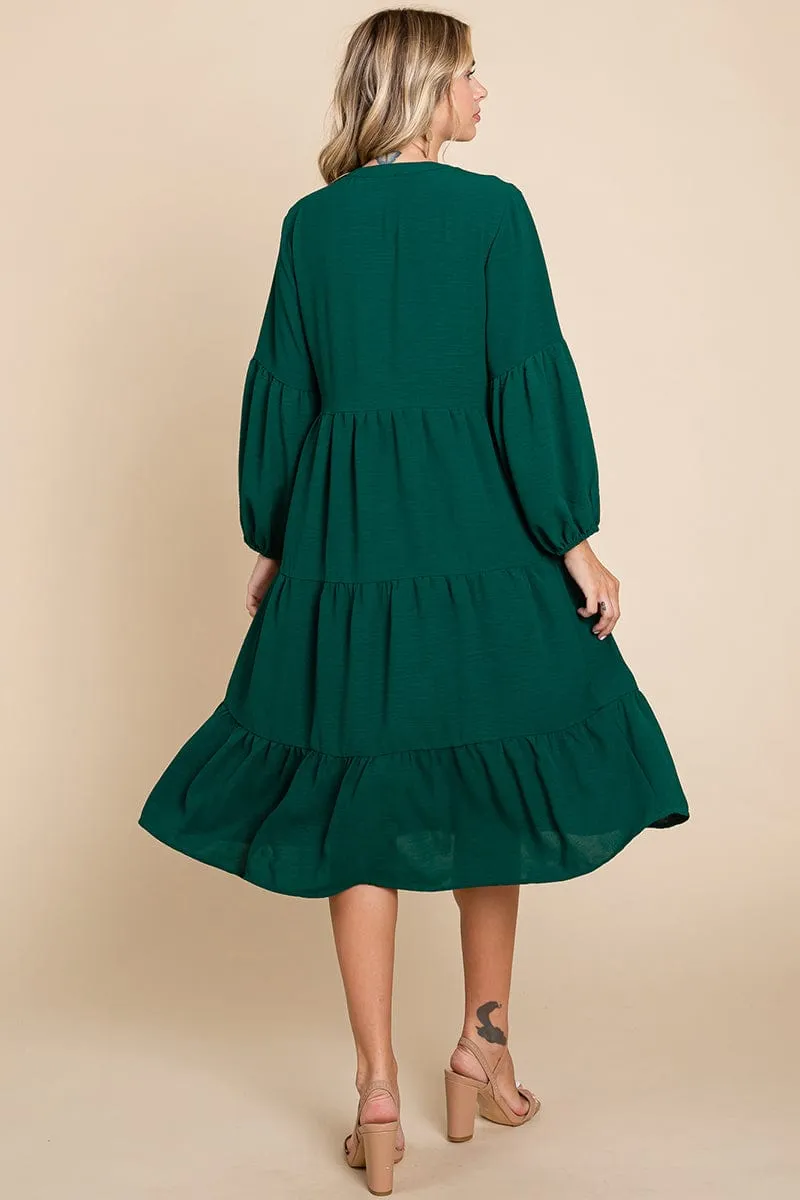 Tiered V Neck Long Sleeve Ruffle Hem Midi Dress