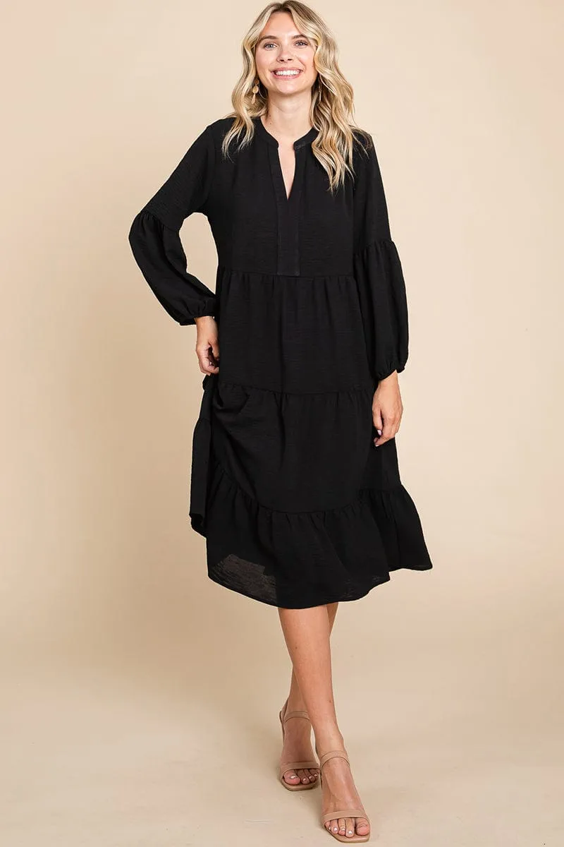 Tiered V Neck Long Sleeve Ruffle Hem Midi Dress