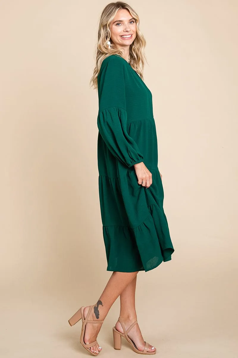 Tiered V Neck Long Sleeve Ruffle Hem Midi Dress