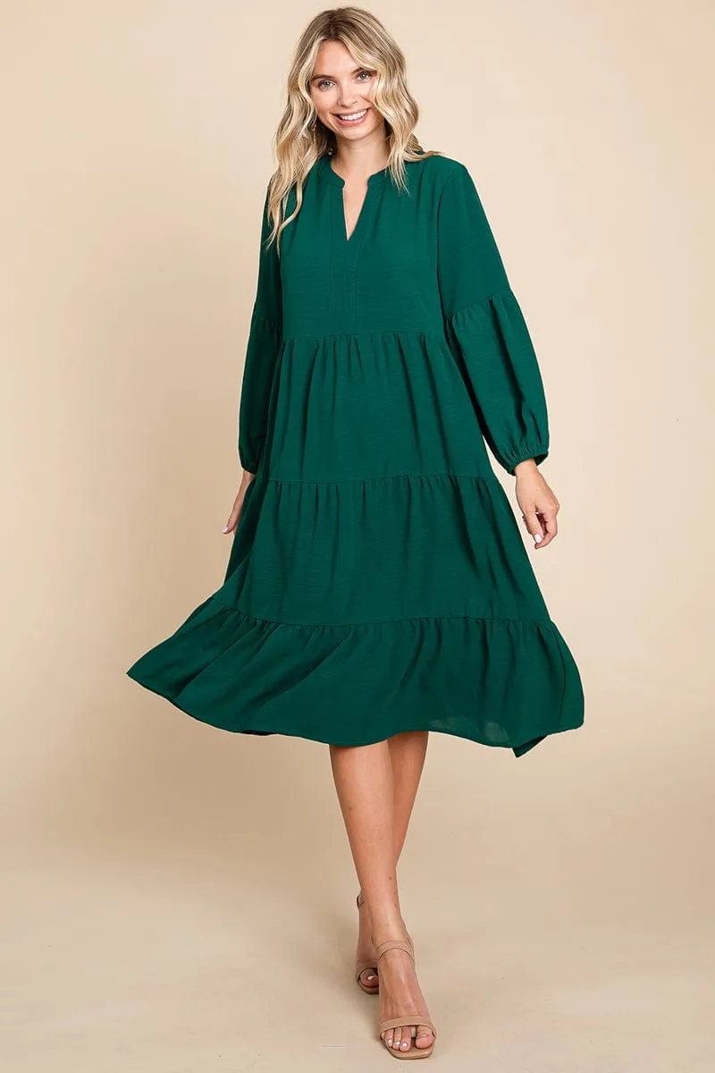 Tiered V Neck Long Sleeve Ruffle Hem Midi Dress