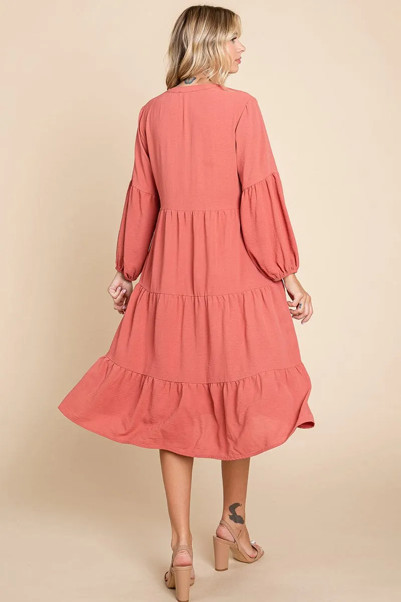 Tiered V Neck Long Sleeve Ruffle Hem Midi Dress