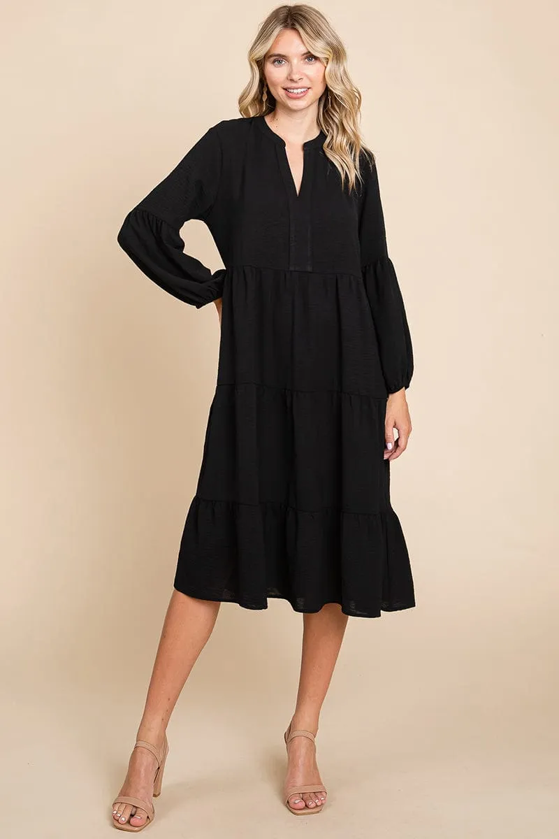 Tiered V Neck Long Sleeve Ruffle Hem Midi Dress