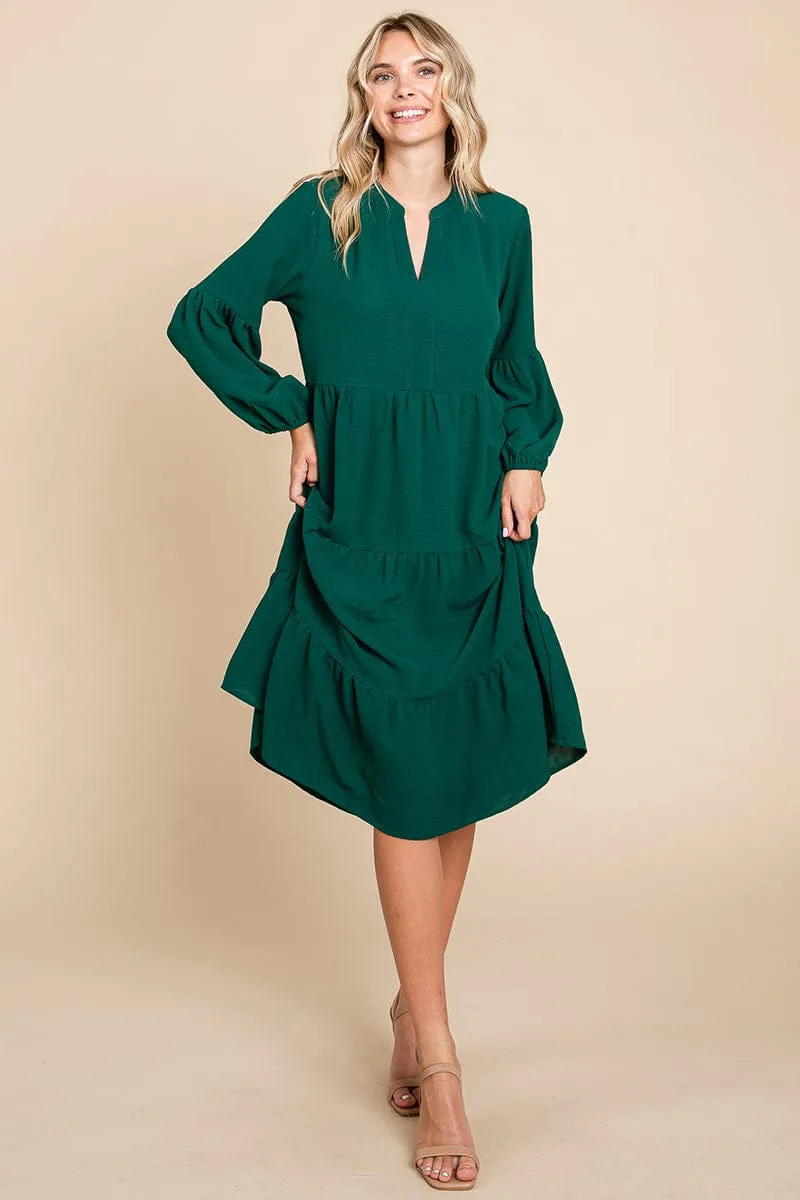 Tiered V Neck Long Sleeve Ruffle Hem Midi Dress