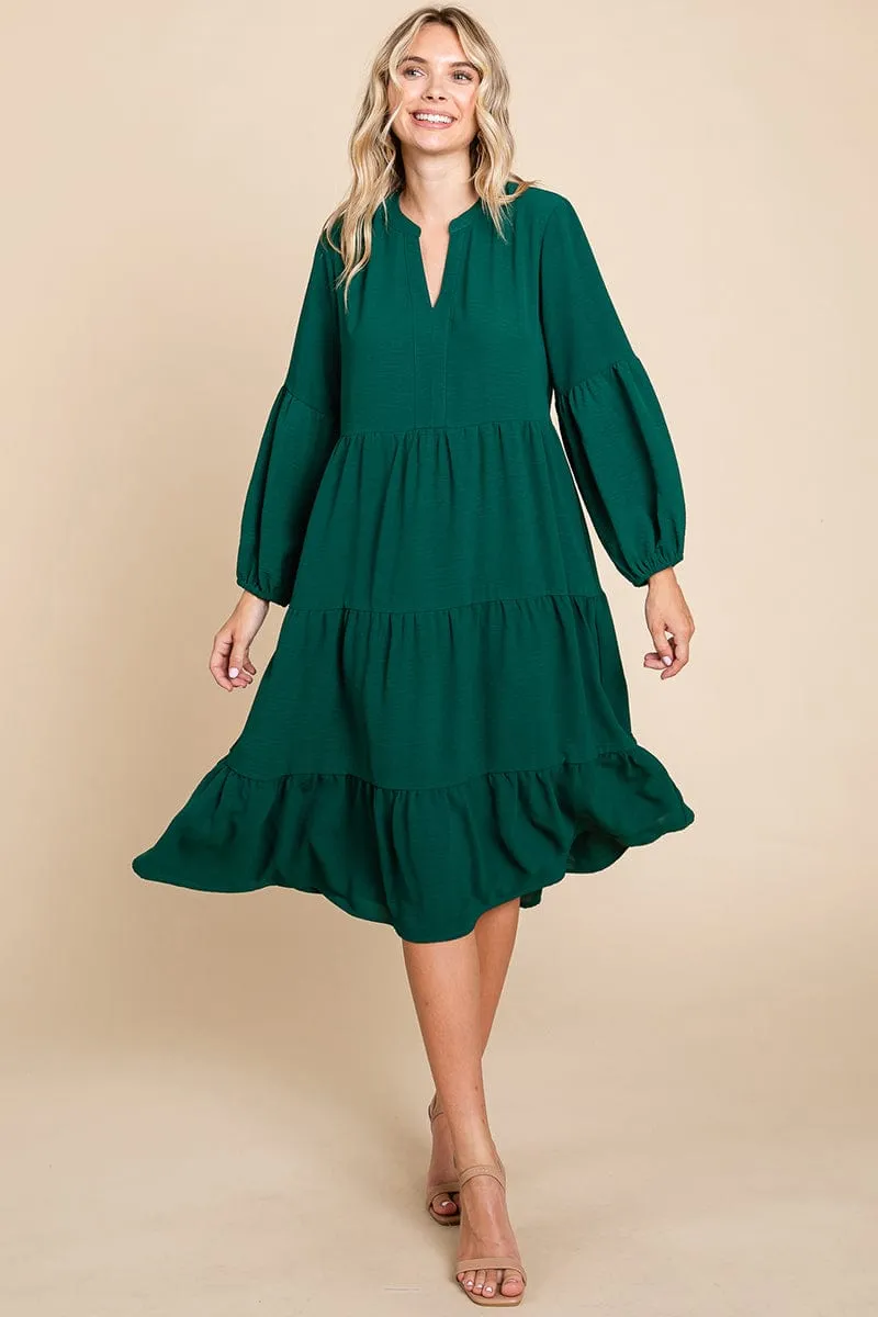 Tiered V Neck Long Sleeve Ruffle Hem Midi Dress