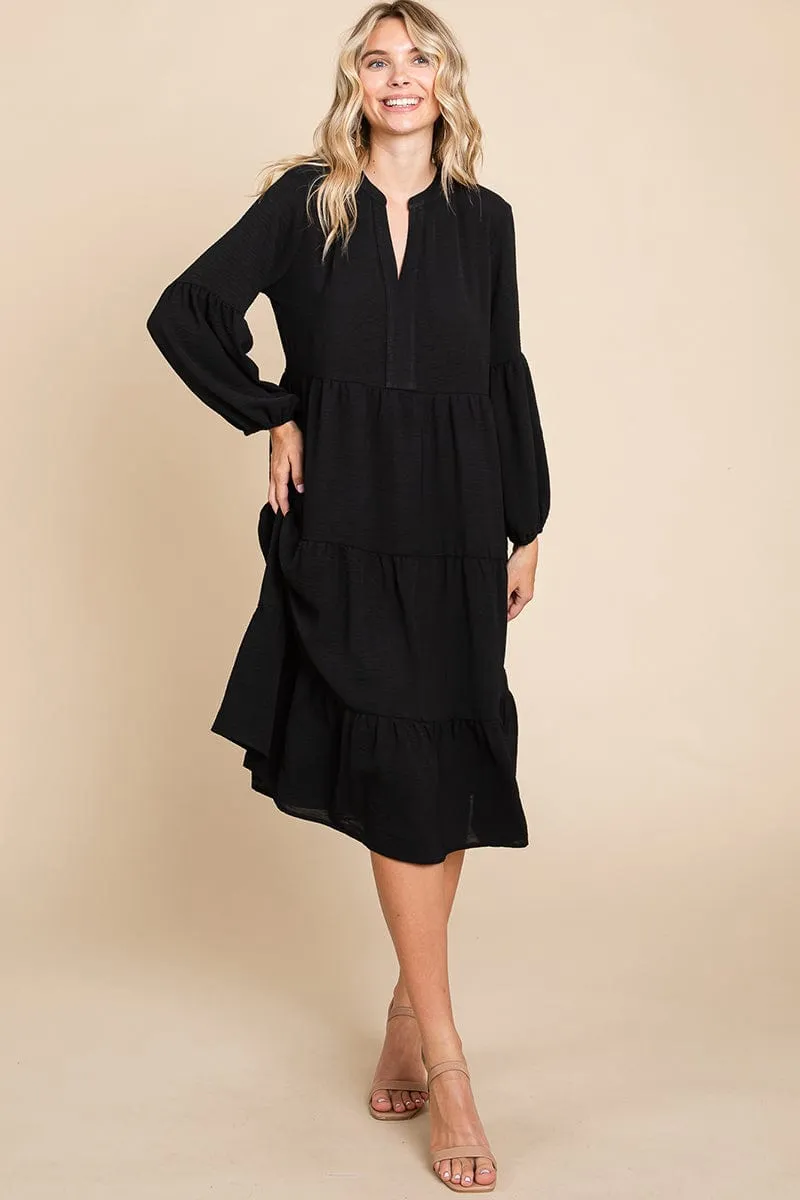 Tiered V Neck Long Sleeve Ruffle Hem Midi Dress