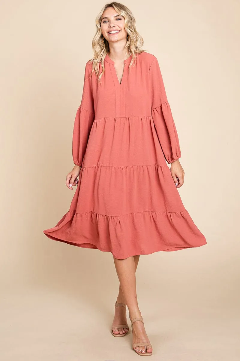 Tiered V Neck Long Sleeve Ruffle Hem Midi Dress