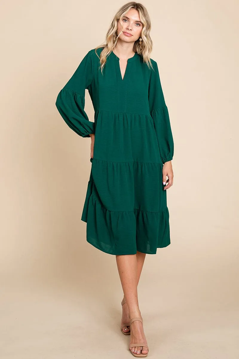 Tiered V Neck Long Sleeve Ruffle Hem Midi Dress