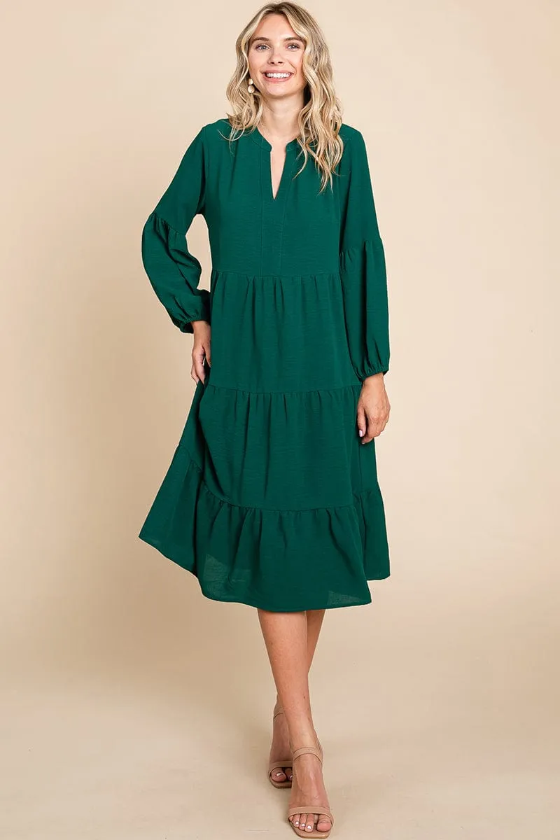 Tiered V Neck Long Sleeve Ruffle Hem Midi Dress