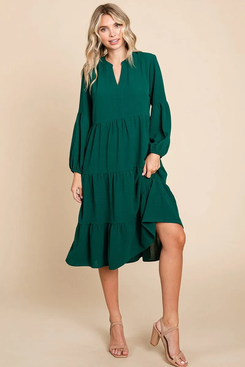 Tiered V Neck Long Sleeve Ruffle Hem Midi Dress