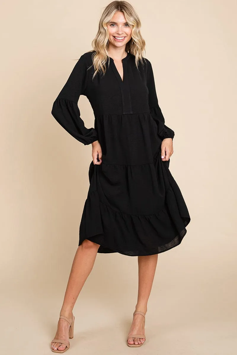 Tiered V Neck Long Sleeve Ruffle Hem Midi Dress