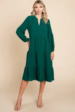 Tiered V Neck Long Sleeve Ruffle Hem Midi Dress