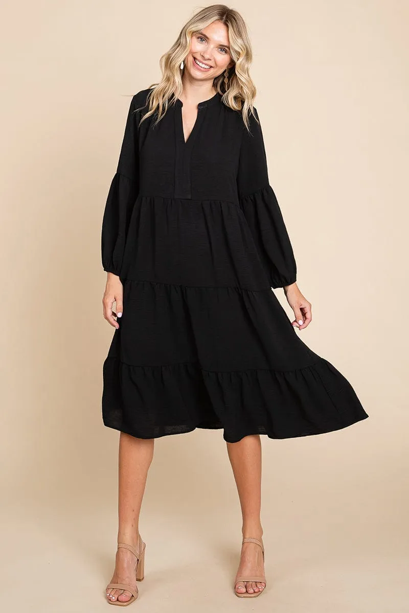 Tiered V Neck Long Sleeve Ruffle Hem Midi Dress