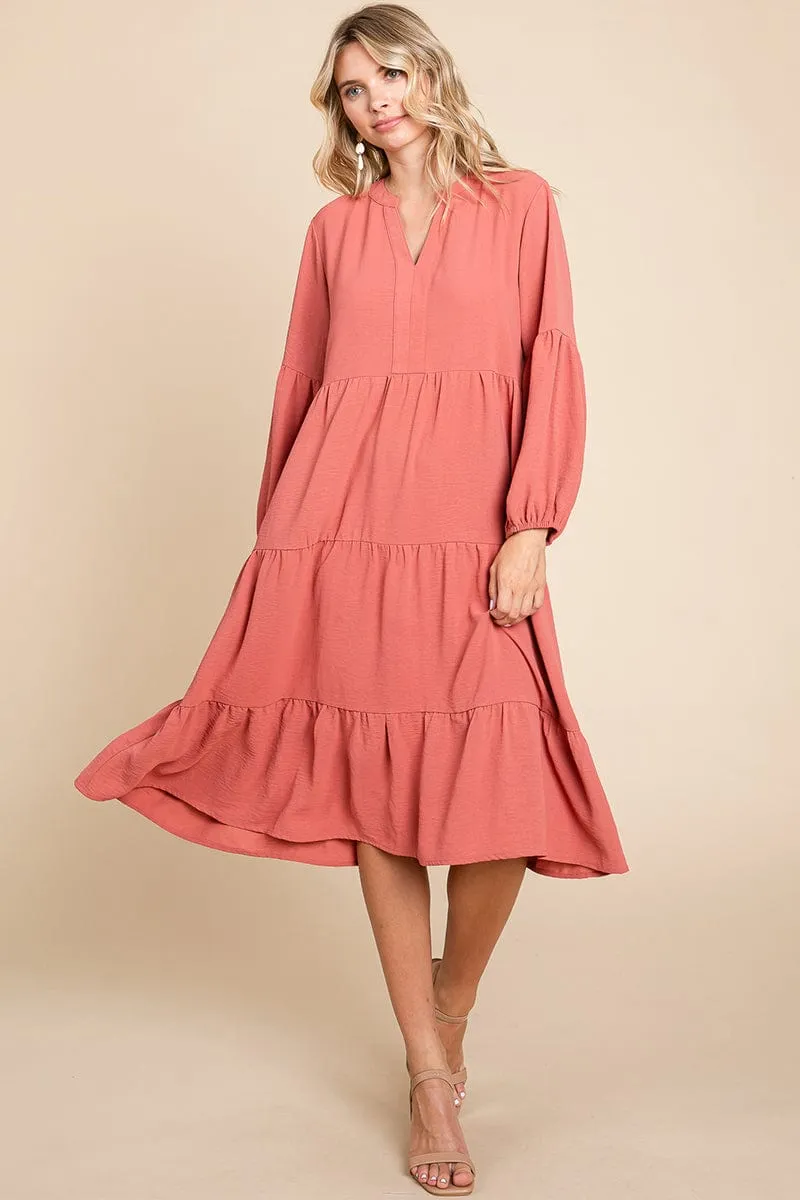 Tiered V Neck Long Sleeve Ruffle Hem Midi Dress